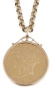 An 1887 gold Liberty Head $20 coin in pendant mount