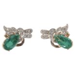 Fine Continental emerald and diamond ear clips of foliate scroll form