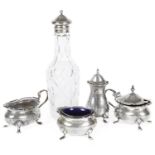 A George V four piece silver cruet suite, hallmarked Birmingham 1916