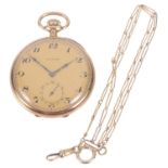 A 14k gold Longines open faced pocket watch with watch chain