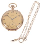 A 14k gold Longines open faced pocket watch with watch chain