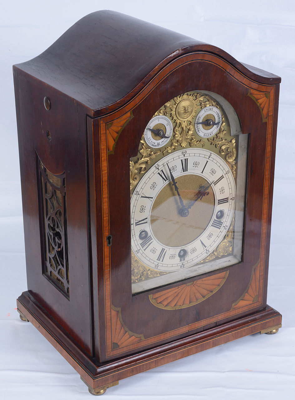 A German mahogany and satinwood chiming table clock - Image 2 of 3