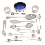 Georgian and later silver flatware, napkin rings, salt