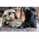 BOX LOT OF VARIOUS SHOES, TOP HAT AND JACKET, ETC.