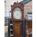 OAK MAHOGANY CASED LONGCASE CLOCK WITH HANDPAINTED DIAL BY E MARSON,