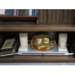 MIXED LOT INCLUDING HOT PLATE, ART DECO BOOKENDS, PRINTS, ART GLASS POSY VASE AND BRASS ROASTER,