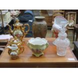 SUNDRY LOT OF CERAMICS INCLUDING BRASS INLAID RELIEF PATTERN VASE,