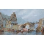 GILT FRAMED WATERCOLOUR DEPICTING A CONTINENTAL STYLE BRIDGE SCENE, SIGNED (INDISTINCT),