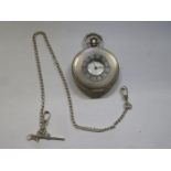 HALLMARKED SILVER AND ENAMELLED HALF HUNTER POCKET WATCH AND ALBERT CHAIN