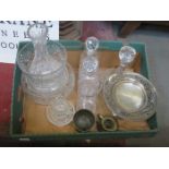 PARCEL OF MIXED GLASSWARE INCLUDING STUART CRYSTAL CARAFE, PLATED TAZZA PLUS TWO PIECES OF BRASS,