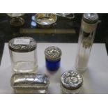 FIVE SILVER TOPPED DRESSING JARS AND TWO HAT PINS