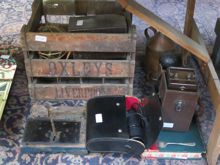 SUNDRY LOT INCLUDING WINE CRATE, GLASS BOTTLES, OLD LOCK, LOG BOOK, BUST AND FIELD APPARATUS ETC...