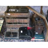 SUNDRY LOT INCLUDING WINE CRATE, GLASS BOTTLES, OLD LOCK, LOG BOOK, BUST AND FIELD APPARATUS ETC...