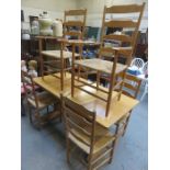 LIGHT OAK REFECTORY STYLE DINING TABLE WITH SIX (FOUR AND TWO) RUSH SEATED CHAIRS