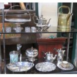 PARCEL OF VARIOUS PLATEDWARE, FLATWARE AND BRASS WATERING CAN, ETC.