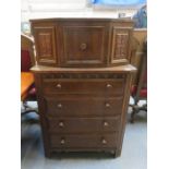 PRIORY STYLE OAK FIVE DRAWER CHEST WITH CUPBOARD ABOVE