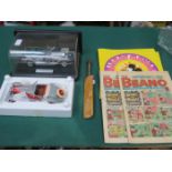 TWO MODEL VEHICLES, MINIATURE SIGNED CRICKET BAT,