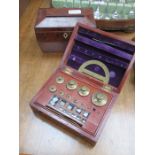 CASED VINTAGE SET OF WEIGHTS AND TEA CADDY