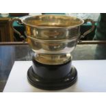HALLMARKED SILVER TWO HANDLED BOWL ON EBONISED STAND