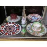 SUNDRY CERAMICS INCLUDING CANTONESE PLATE, CROWN DERBY PLATE AND FIGURE FORM CANDLESTICKS, ETC.