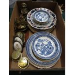 MIXED LOT OF CERAMIC PLATES AND DISHES, HORSE BRASSES, CLOWN MONEY BOX ETC...