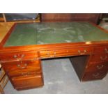 MAHOGANY NINE DRAWER LEATHER TOPPED KNEEHOLE WRITING DESK