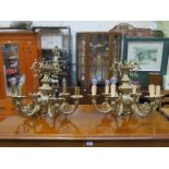 PAIR OF BRASS SIX SCONCE CEILING CANDELABRAS