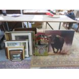 CANVAS PICTURE OF A BULL AND SMALL PICTURE OF ST JOHNS MARKET AND OTHER PICTURES AND PRINTS.
