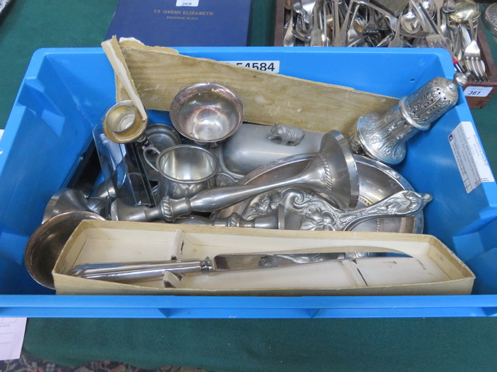 BOX OF SUNDRIES INCLUDING PEWTER AND PLATEDWARE ETC, ALSO BRASSWARE MODEL CANNON, ETC.