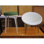 1960s STYLE SMALL WICKER CHAIR AND 1960s STYLE STOOL