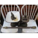 SET OF VINTAGE POSTAL SCALES AND VICTORIAN FIRE HOSES PLUS FLAT IRON