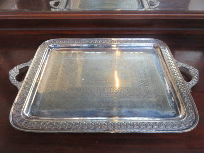 LARGE SILVER PLATED SERVING TRAY WITH ENGRAVED DECORATION