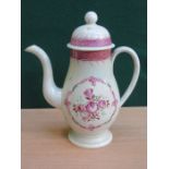 EARLY LIVERPOOL POTTERY HANDPAINTED FLORAL DECORATED CERAMIC COFFEE POT, CIRCA 1770,