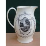 LARGE ANTIQUE LIVERPOOL CREAMWARE JUG WITH TRANSFER DECORATION- AUTUMN AND SPRING,