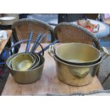 TWO BRASS TWO HANDLED PANS,