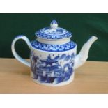 EARLY BLUE AND WHITE CERAMIC TEAPOT WITH PAGODA SCENE,