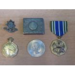 MIXED LOT INCLUDING SILVER SNIFF BOX, COIN, MEDAL, POCKET WATCH ETC.