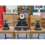 GOOD QUALITY DECORATIVE VICTORIAN BLACK SLATE CLOCK AND GARNITURE SET WITH ENAMELLED CIRCULAR DIAL
