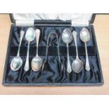 CASED SET OF SIX SILVER TEASPOONS WITH SUGAR TONGS