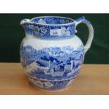 ANTIQUE CERAMIC BLUE AND WHITE TRANSFER DECORATED JUG DEPICTING DEER IN A COUNTRY GARDEN,