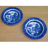 PAIR OF LIVERPOOL HERCULANEUM BLUE AND WHITE TRANSFER DECORATED SHALLOW DISHES,