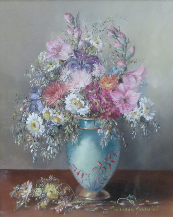 SUSANNA GALBARINI- FRAMED AND GLAZED OIL ON CANVAS DEPICTING A VASE OF FLOWERS APPROXIMATELY 50cm x