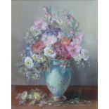 SUSANNA GALBARINI- FRAMED AND GLAZED OIL ON CANVAS DEPICTING A VASE OF FLOWERS APPROXIMATELY 50cm x