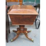 VICTORIAN MAHOGANY SARCOPHAGUS FORM TEAPOY WITH HINGED COVER AND FITTED SECTIONAL INTERIOR,