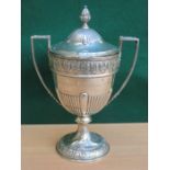 HALLMARKED SILVER TWO HANDLED TROPHY WITH COVER (AT FAULT), SHEFFIELD ASSAY,