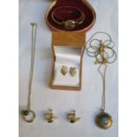 MIXED LOT OF GOLD COLOURED COSTUME JEWELLERY, PENDANT ON CHAIN, ROTARY WRISTWATCH, ETC.