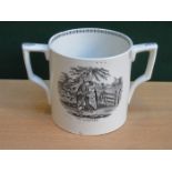 EARLY LIVERPOOL TWO HANDLED LOVING CUP WITH BLACK AND WHITE TRANSFER DECORATION- THE ACCEPTED AND