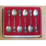CASED SET OF SIX 800 SILVER ROAD DECORATED SPOONS BY WMF