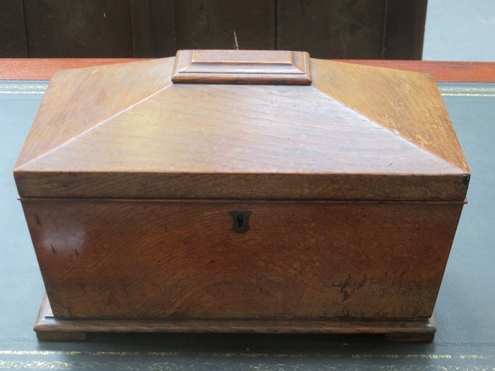 SARCOPHAGUS FORM OAK STORAGE BOX WITH HINGED COVER