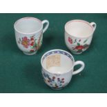 EARLY LIVERPOOL HANDPAINTED AND GILDED TEACUP AND TWO EARLY LIVERPOOL FLORAL TEACUPS